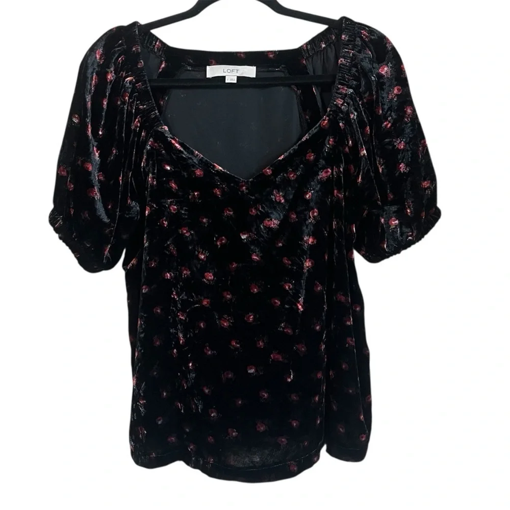 Loft Velvet Floral Rose Puff Sleeve Top Black Size Small